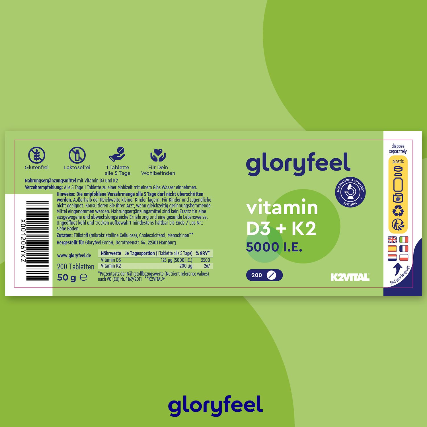 gloryfeel® Vitamin D3 K2 (K2VITAL® von Kappa) 5.000 I.E. Tabletten