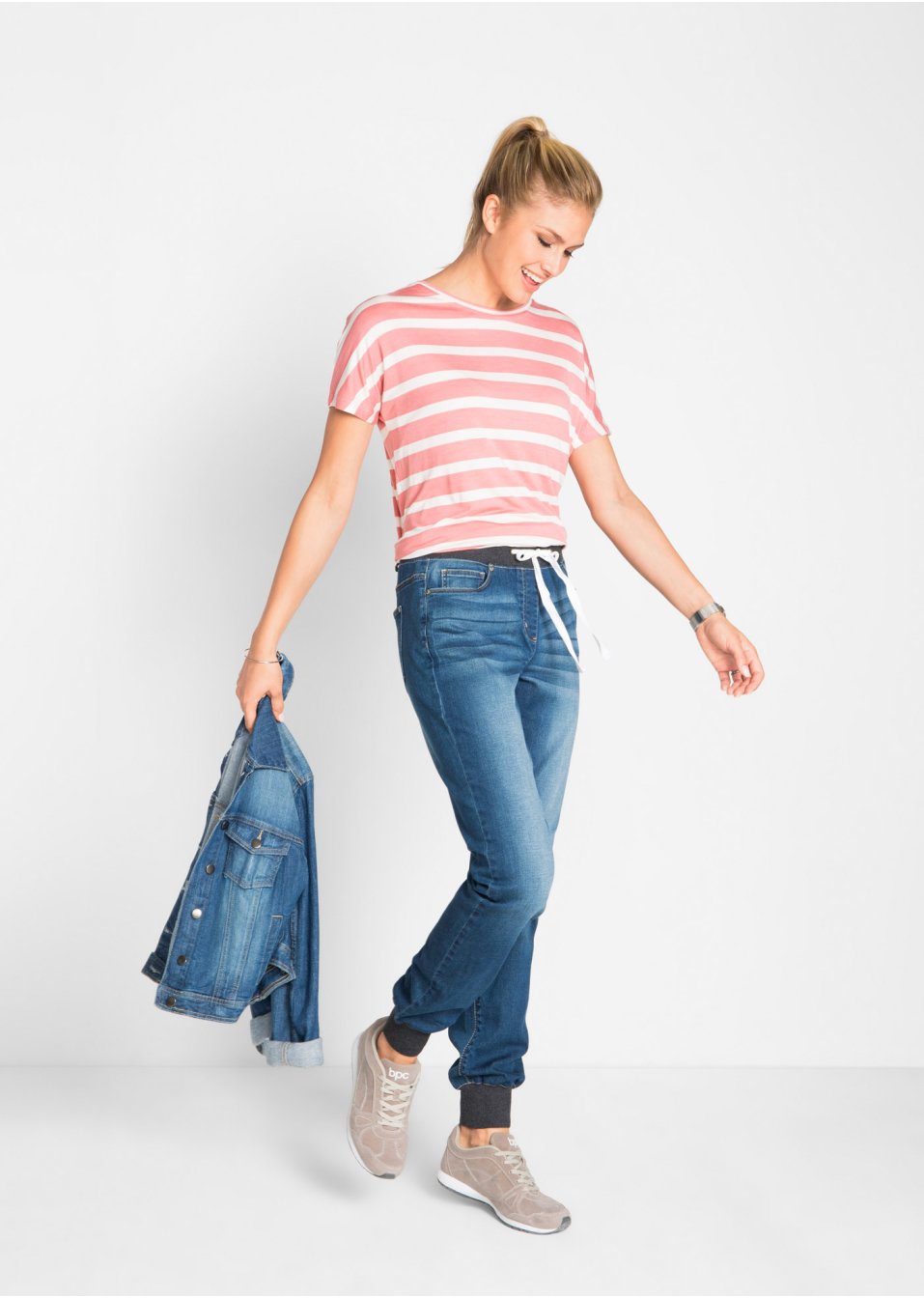 Jean Boyfriend extensible à empiècement taille côtelé