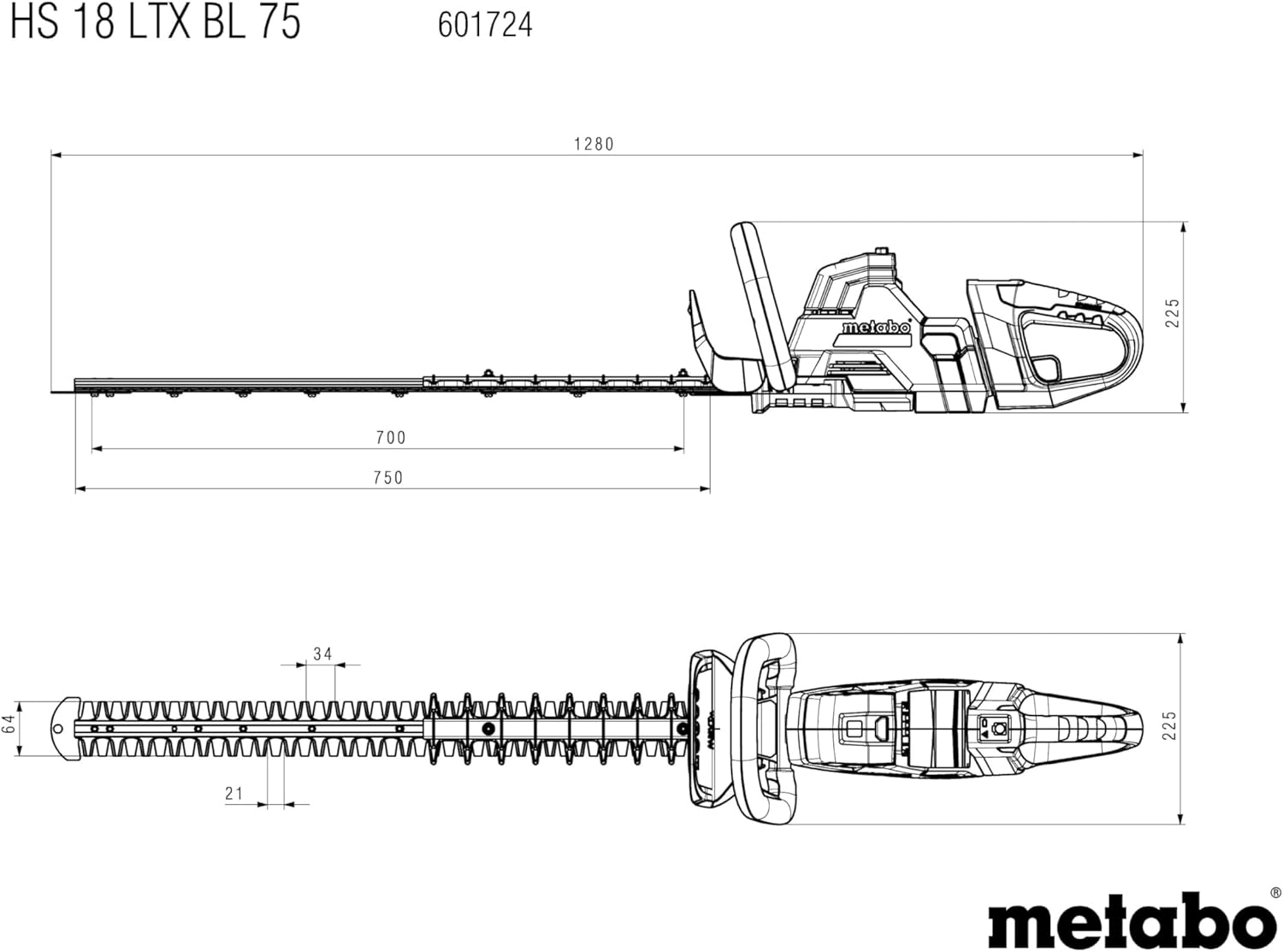 metabo Akku Heckenschere HS 18 LTX BL 75-18V, 75 cm Schnittlänge, 3400/min Schnittzahl - Bürstenlos, kraftvoll, leicht, ergonomisch, präziser Rückschnitt und lange Laufzeit - Für große Heckenflächen
