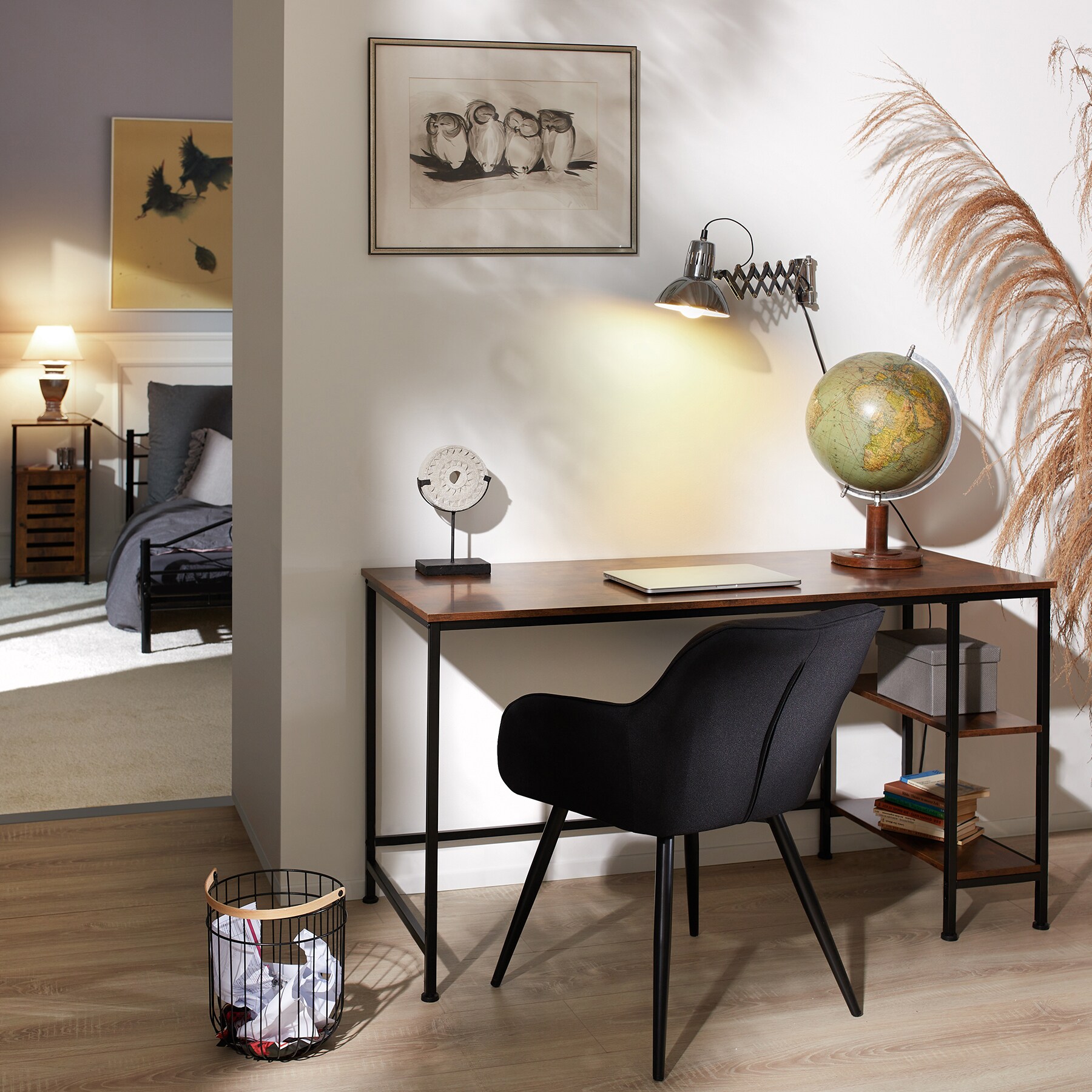 tectake® 4er Set Esszimmerstuhl, gepolstert, in Leinenoptik, schwarze Stahlbeine, 58 x 62 x 82 cm