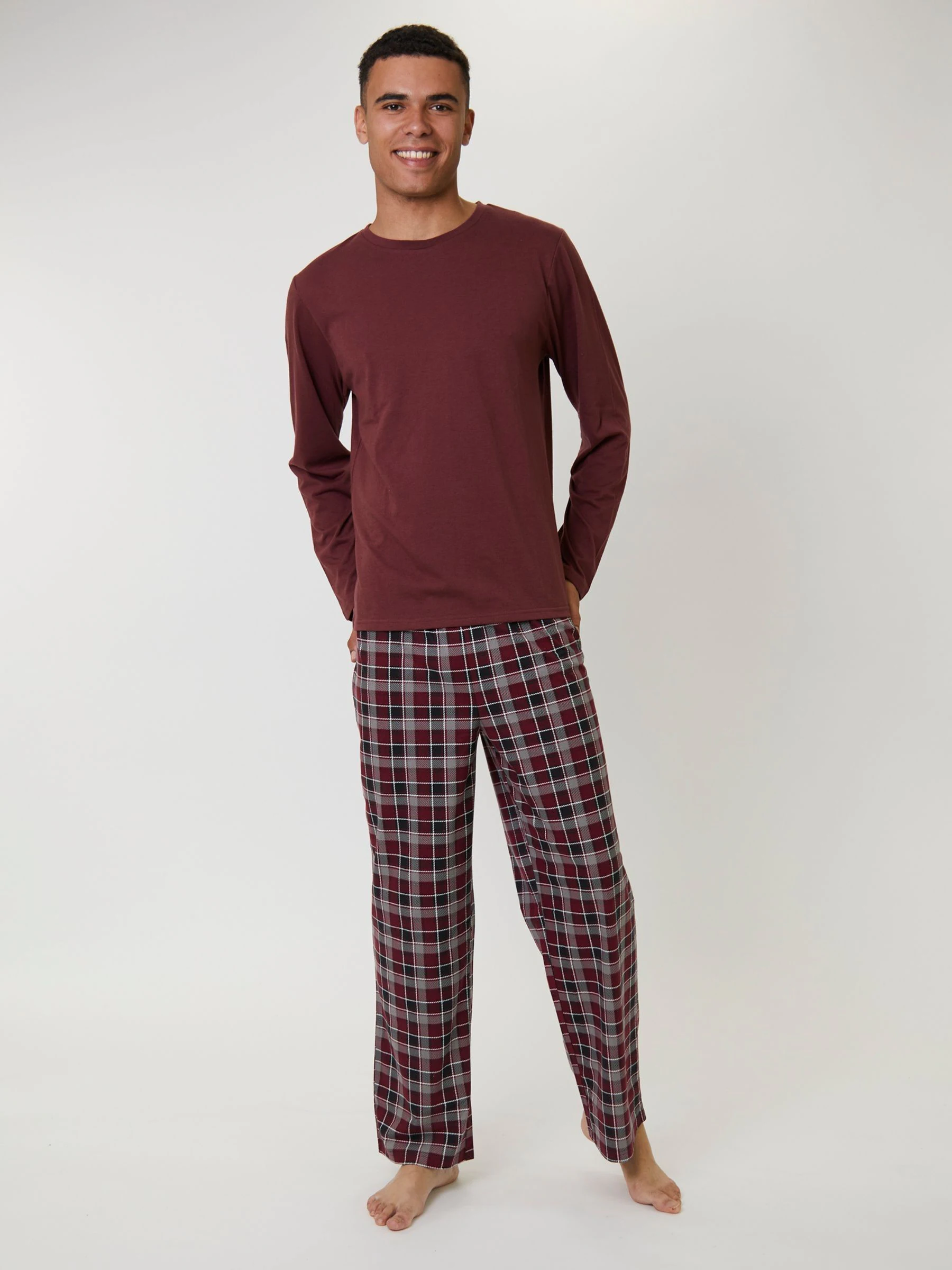 Bordeauxrood - Ronde hals - Loungeable Jersey Microfleece Long Top And Check Trousers Pyjama Set