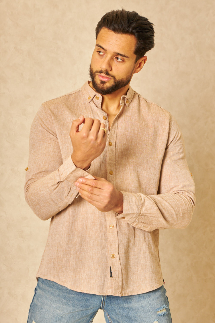 Chemise en lin beige chiné manches longues