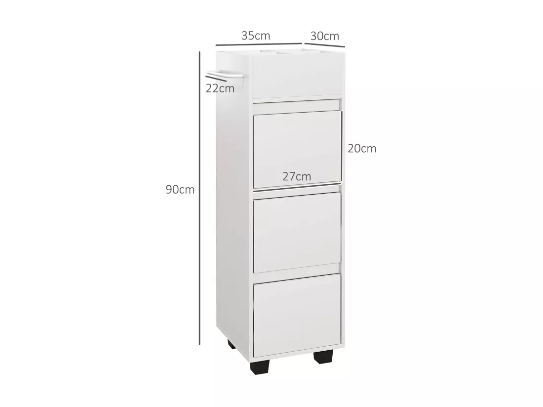 Meuble de salle de bain meuble de rangement avec 4 compartiments sur le dessus, 3 tiroirs et porte-serviettes pour les espaces étroits, 35 x 30 x 90cm, blanc