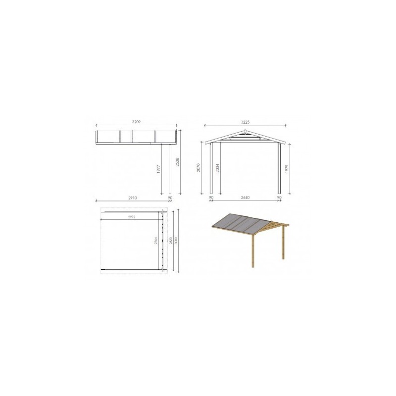 Abri de jardin en bois - 3x2 m - 15 m2 + terrasse avec balustrade et avant-toit en bois