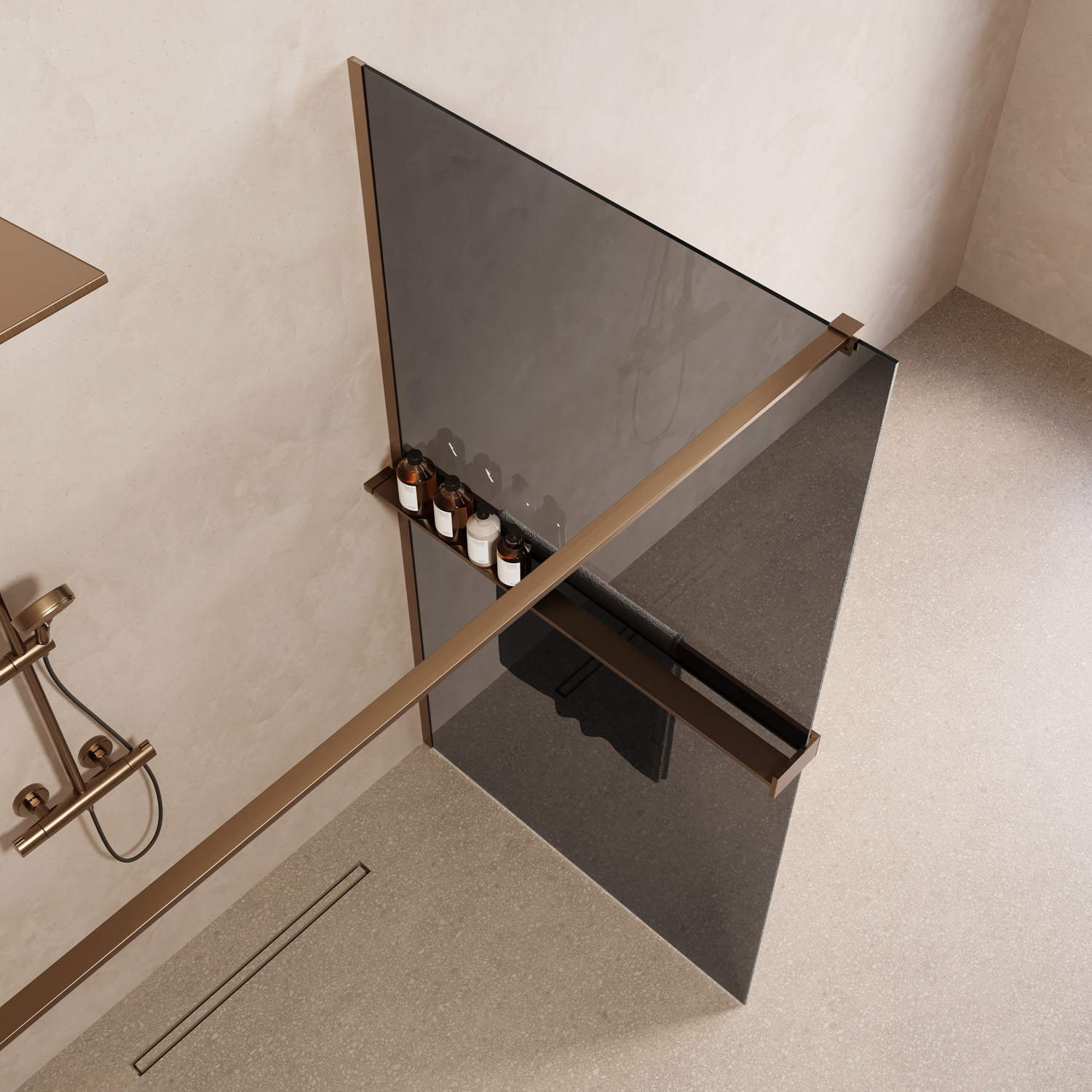 Saniclear Metric inloopdouche 100cm met handdoekhouder en rookglas verouderd messing