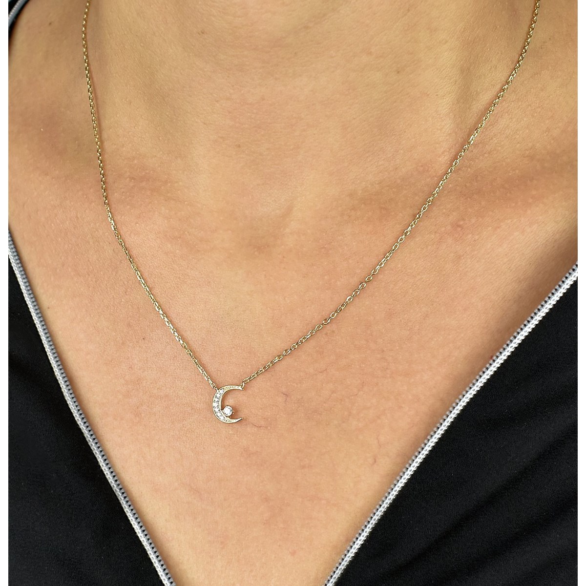 Collier croissant de lune et oxyde de zirconium Plaqué OR 750 3 microns