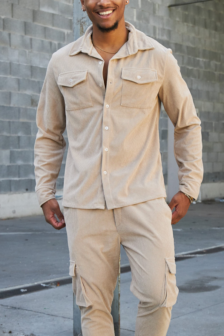 Ensemble 2 pièces chemise + pantalon en velours côtelé beige