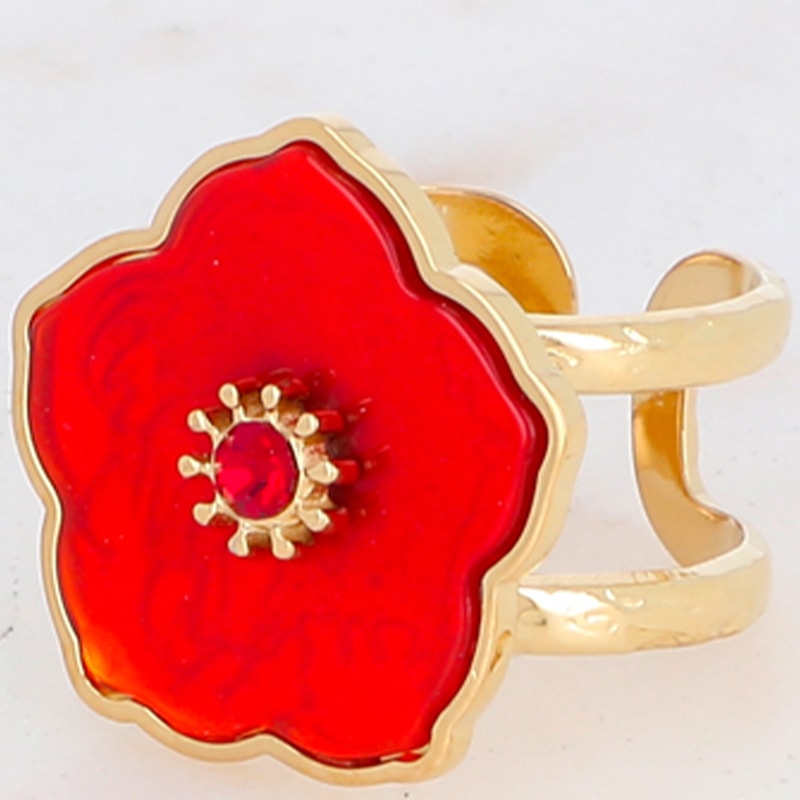 Bague fleur - Acier inoxydable doré, cornaline & strass