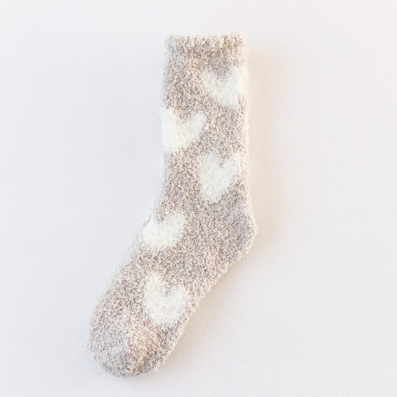 (1 Paar) Damen Kuschel Socken Wintersocken Herz Füsslinge Flauschige Bettsocken (One Size) - Beige / Weiss