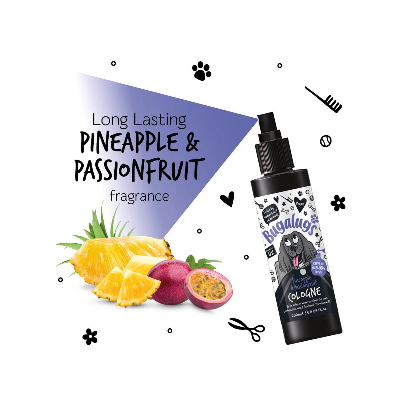 Bugalugs Hundeparfüm Passionsfrucht Ananas Exotischer Duft mit Aloe Vera & Pro-Vitamin B5 – Vegan & pH-neutral