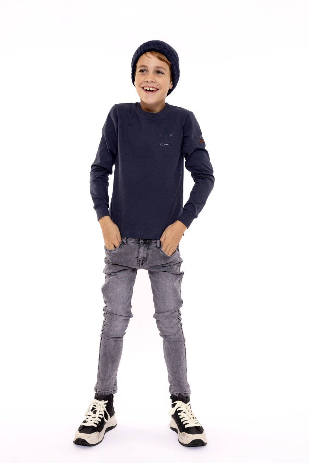 No Way Monday longsleeve met backprint donkerblauw