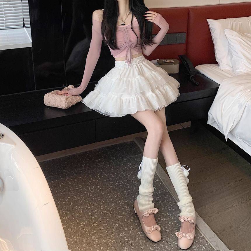 Guromo - Balletcore elastische taille effen gelaagde mesh mini A-lijn rok