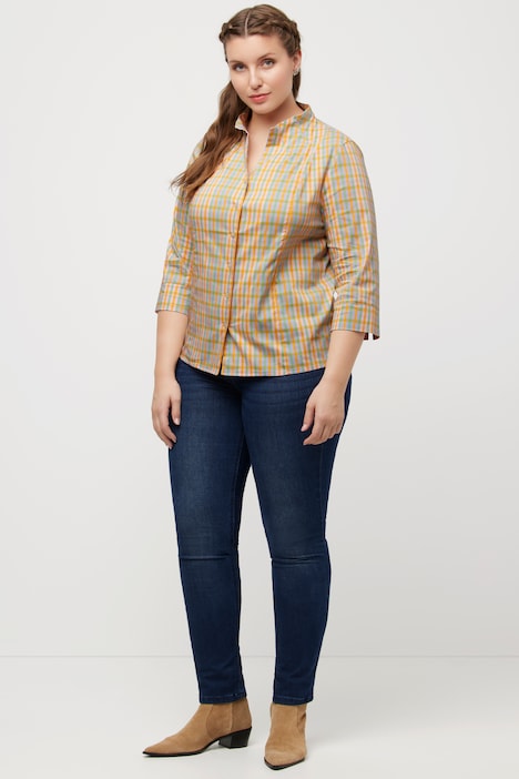 Bluse, Karo, Slim, Kelchkragen, V-Ausschnitt, 3/4-Arm