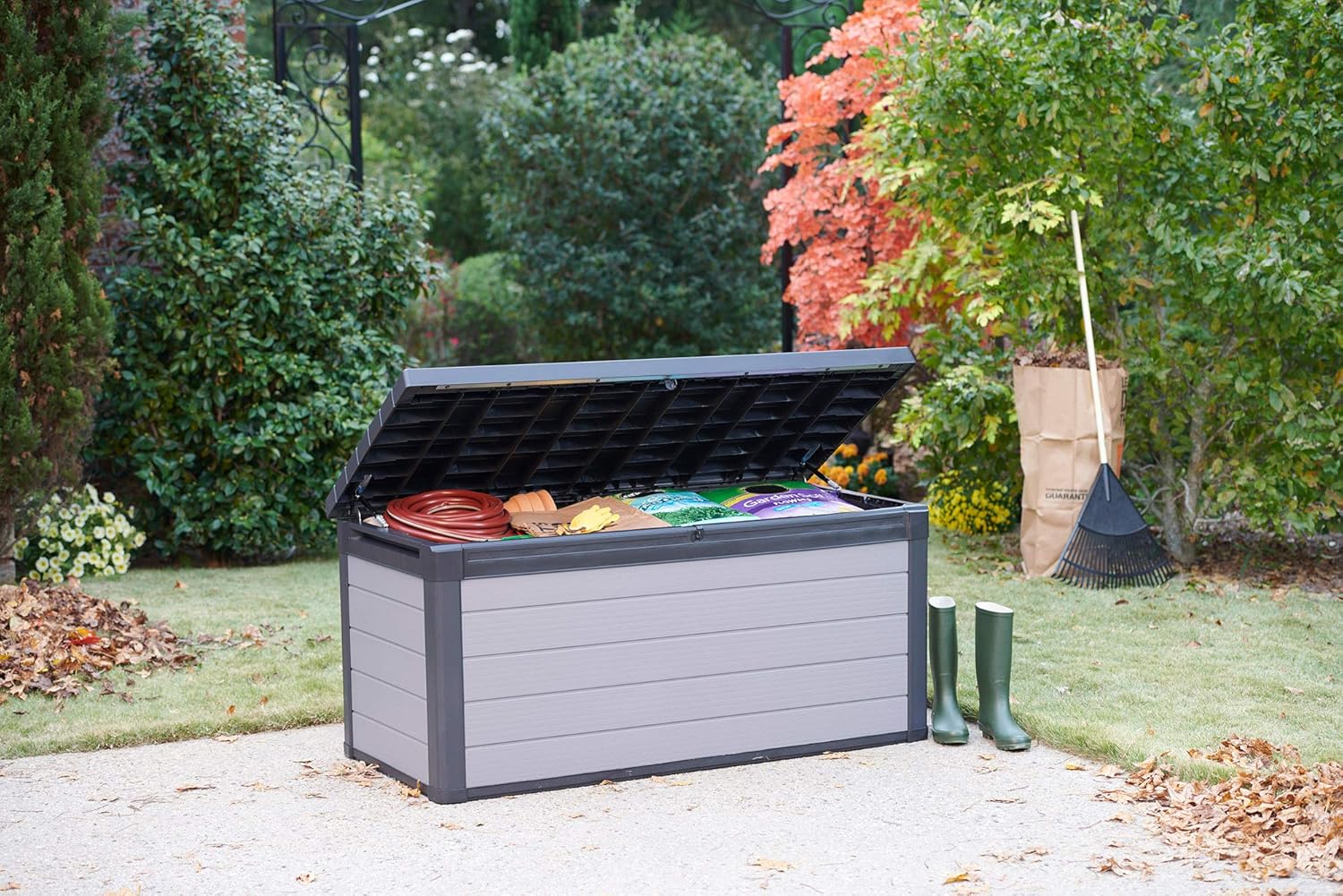Ondis24 Keter Kissenbox Gartenbox XXL wasserdicht (570 Liter), Outdoor Auflagenbox, Premier Box, Sitztruhe, Kissentruhe Garten, Sitzbank