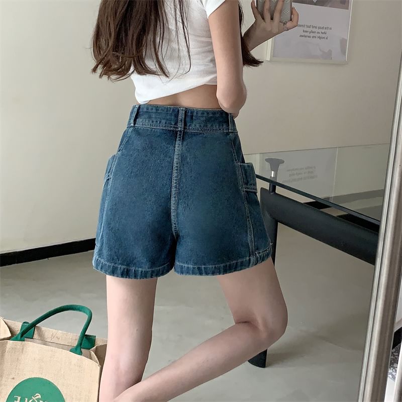 Moon City - Asymmetrische, gewassen denim skort met hoge taille