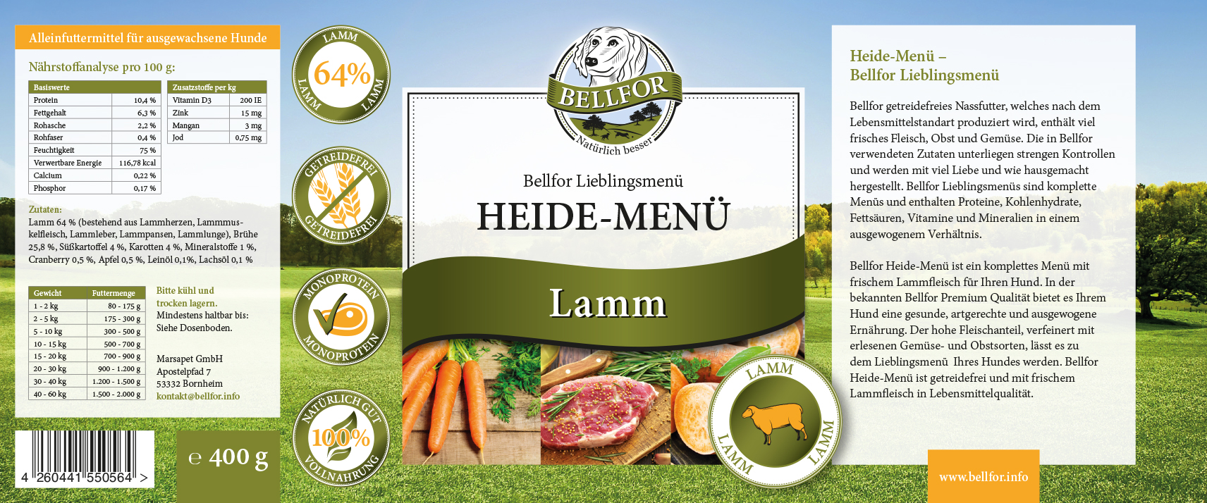 Sachet de départ avec poulet, agneau et insectes - menu en plein air 2x400g + menu de bruyère 2x400g + menu de fermier 2x400g