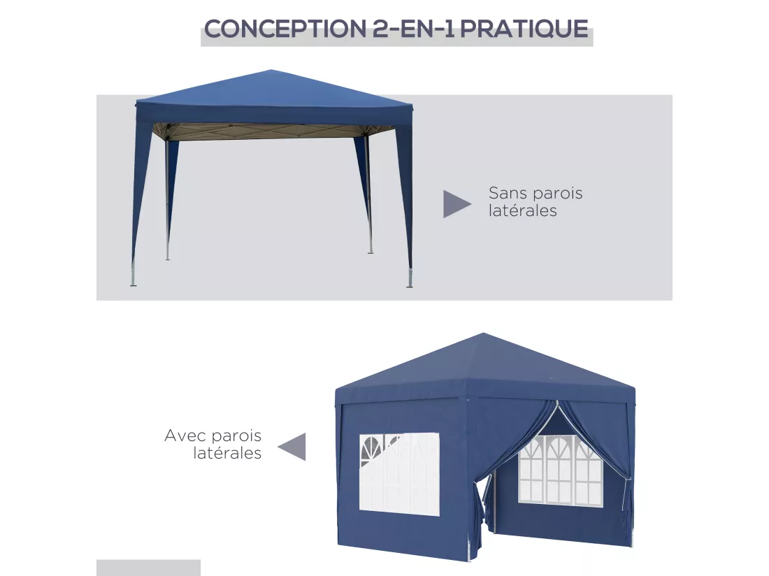 Tonnelle barnum pop-up pliant dim. 3L x 3l x 2,58H m 2 fenêtres sac transport acier Oxford bleu