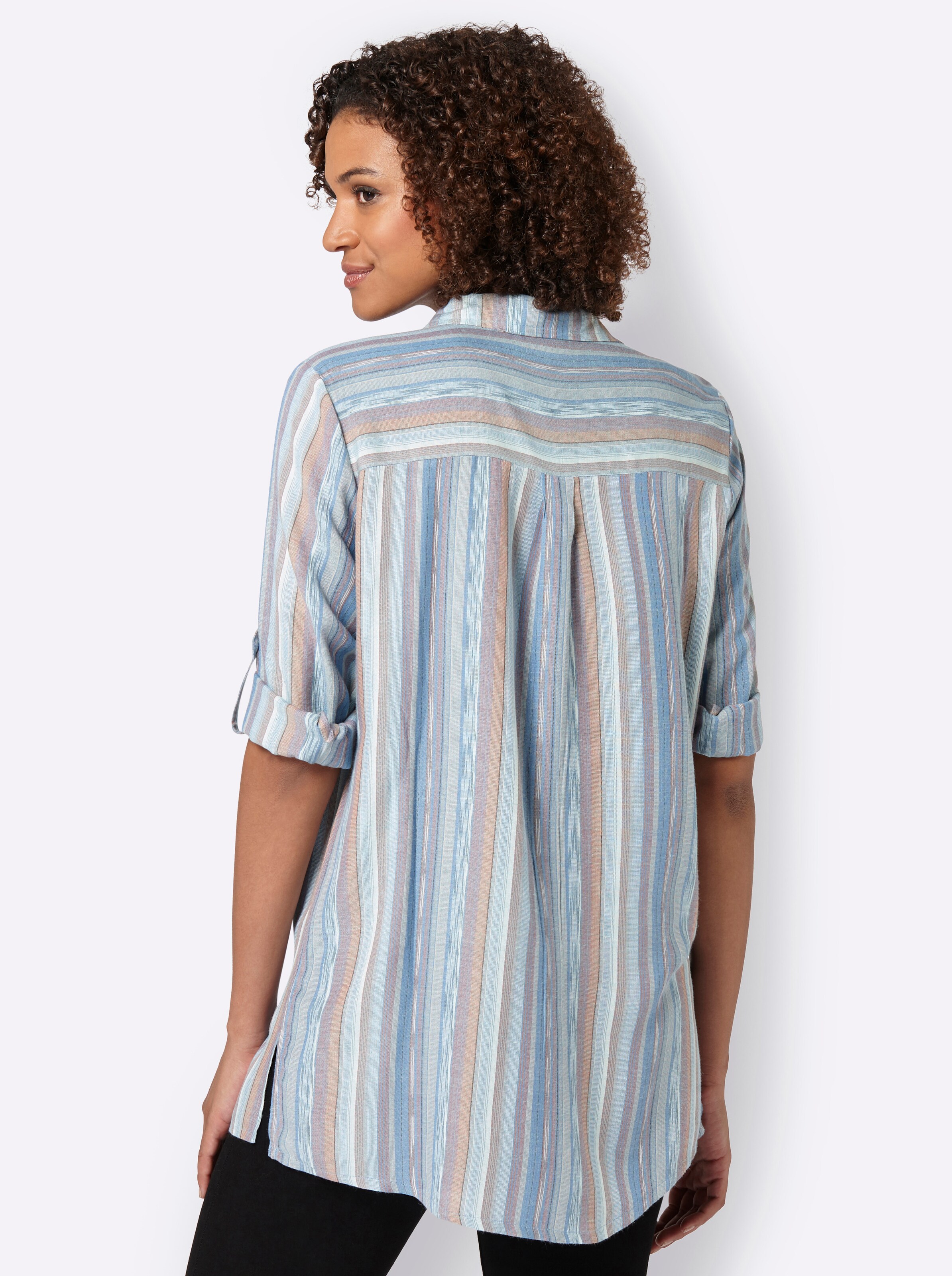 Longbluse in taubenblau-rosenholz-gestreift