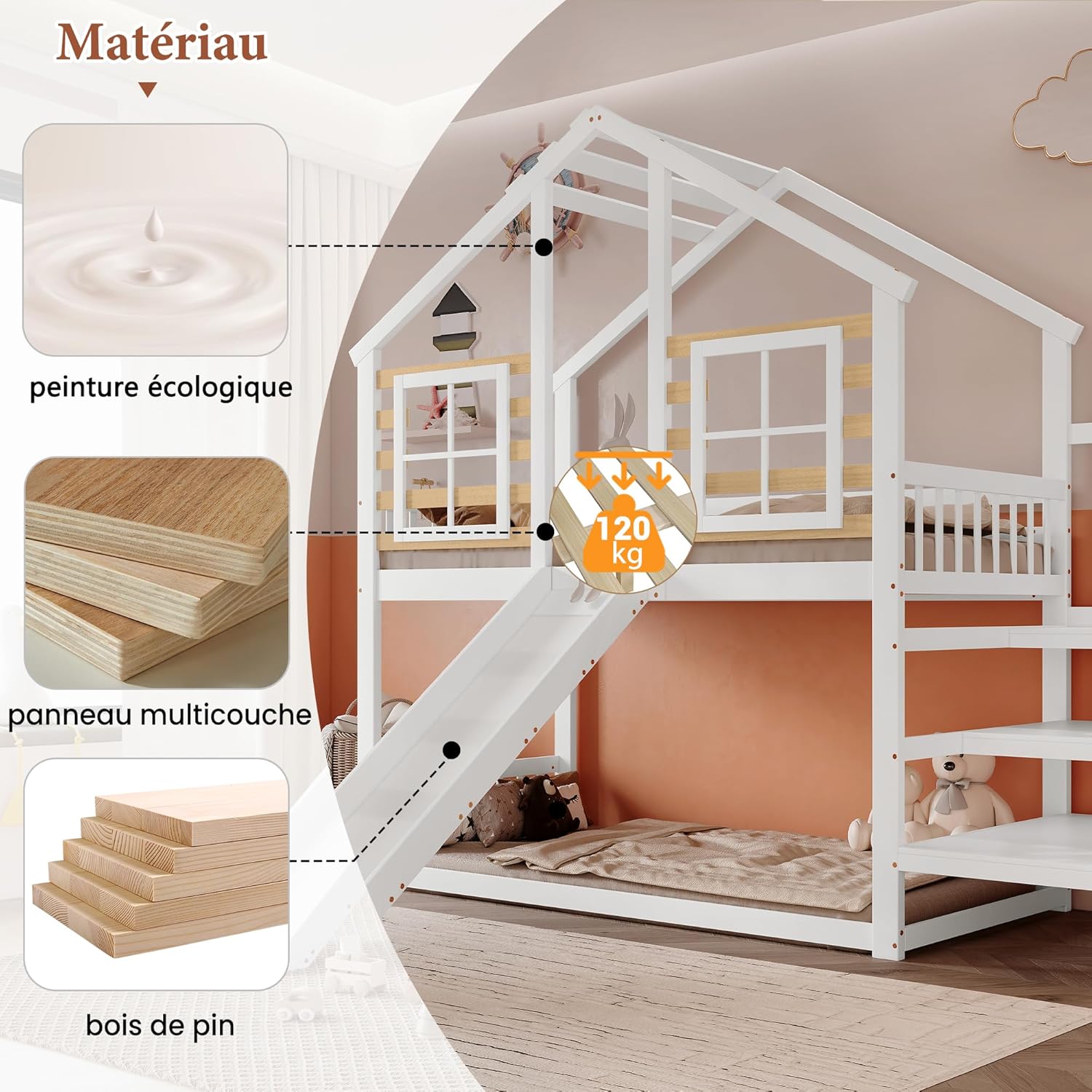 Hochbett Kinderbett 90x200 cm mit Rausfallschutz und Rutsche, Hausbett mit Freiraum unter dem Bett, Etagenbett mit Treppe und Fenster, Holzbett Bettgestell mit Lattenrost, Weiß, Ohne Matratze