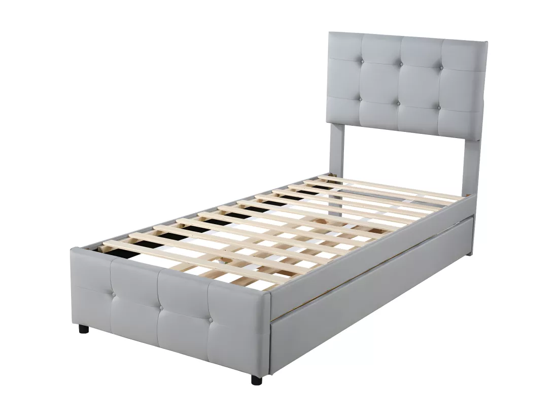 Lit gigogne capitonné 90x200cm - tête de lit réglable - tissu en lin - Gris