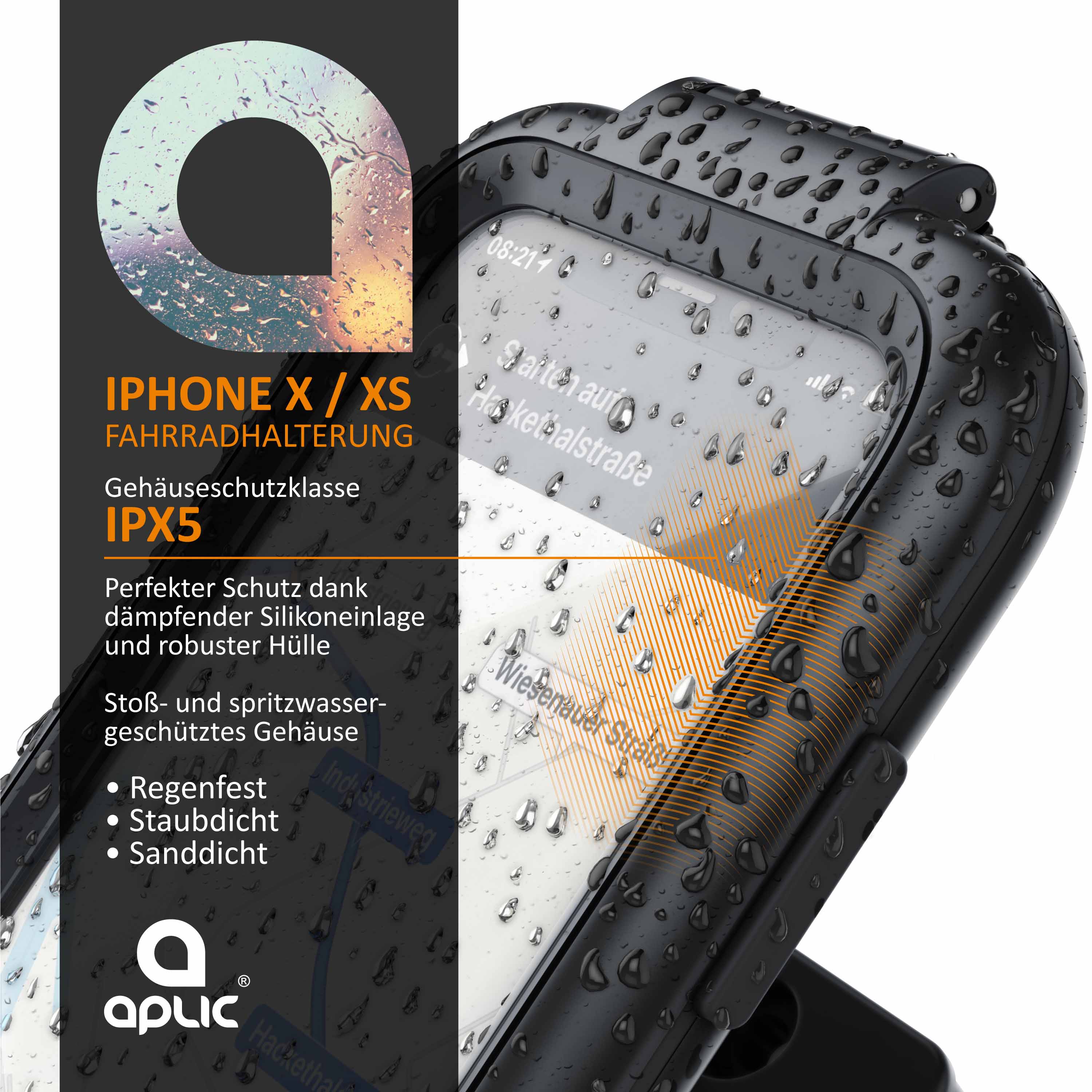 Aplic Fahrradhalterung mit Schutzhülle für Iphone X und XS Spritzwasserschutz / Quick Lock