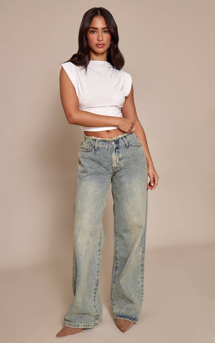 Délavage Vintage Jean Petite Taille Basse Coupe Droite Taille Effilochée