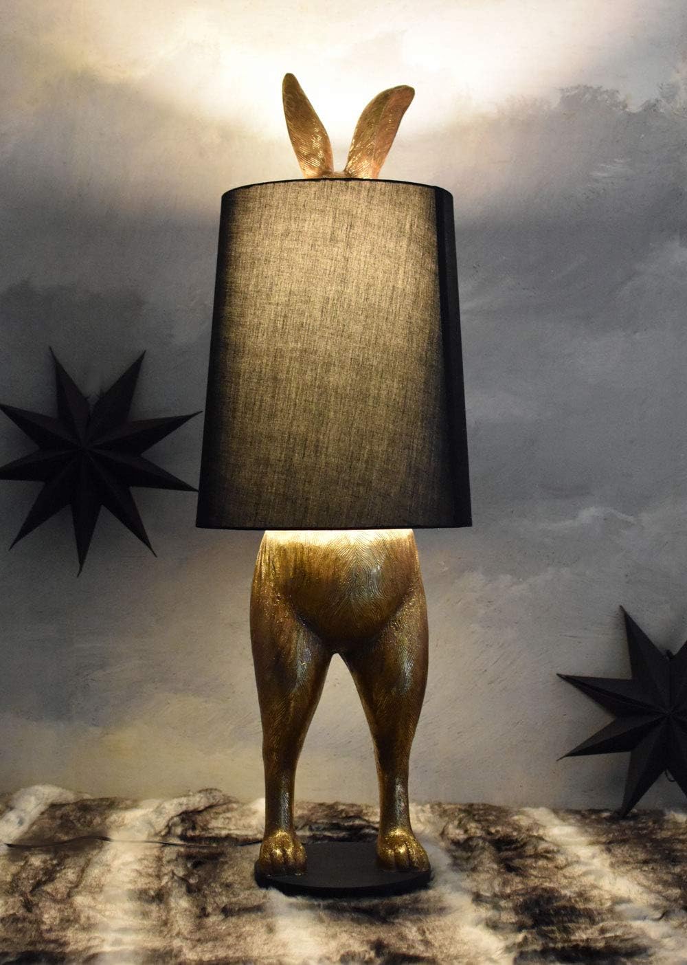PALAZZO INT Stehlampe Alice im Wunderland – Goldene Hasenfigur mit schwarzem Stoffschirm | XXL Leuchte 117 cm hoch | E27-Fassung | Extravagante Boden- oder Tischlampe im Märchenstil CW224
