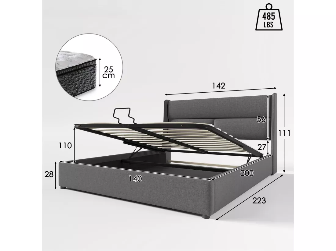 Lit coffre 140x200cm avec tête de lit réglable en tissu de lin - Gris