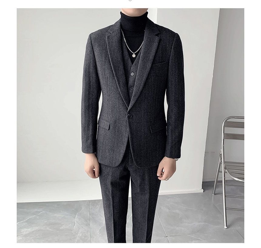Deepwood - Set: Gestreepte wollen blazer met één knoop + vest + taps toelopende pantalon