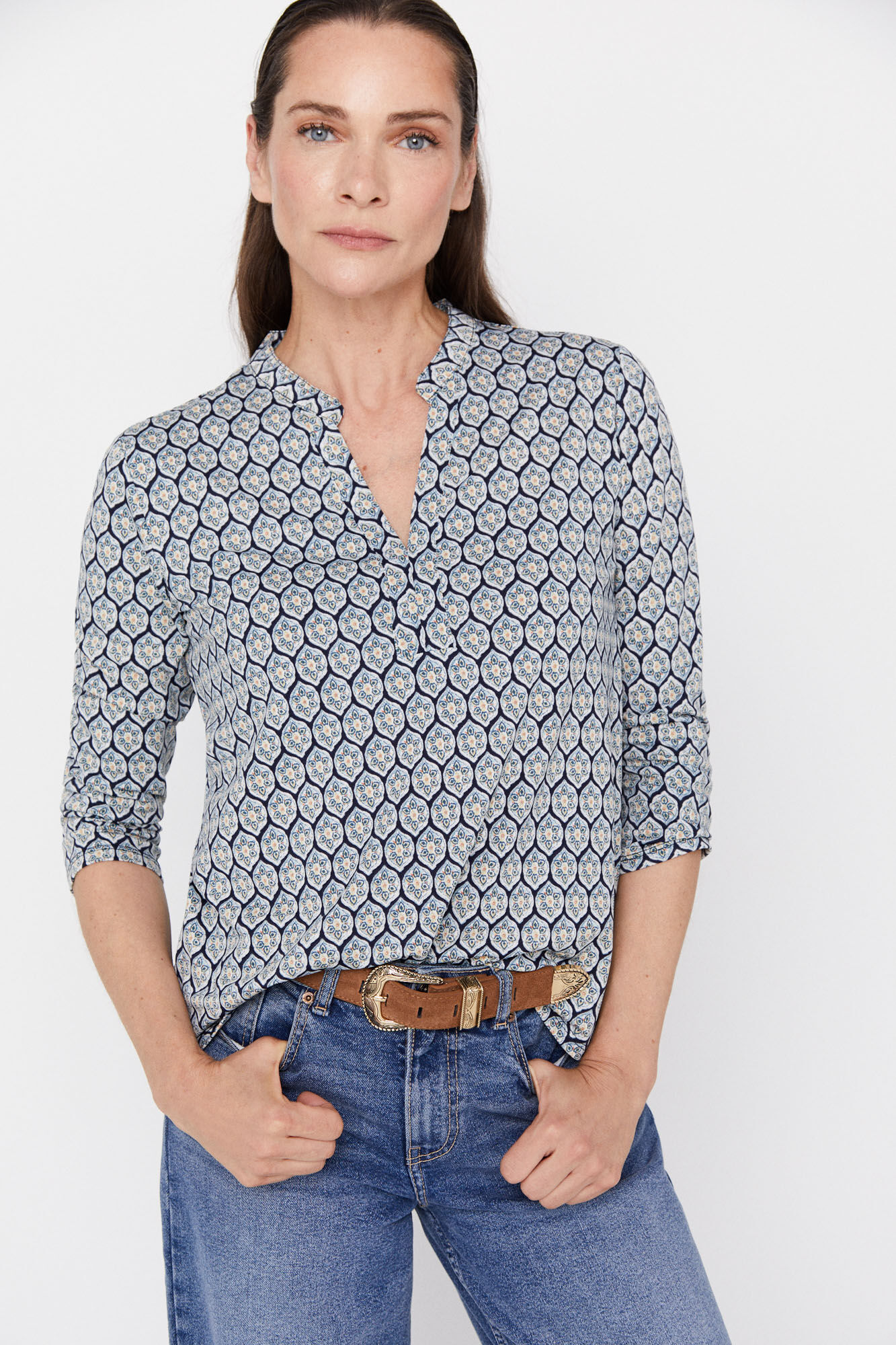 Blusa de malha com mangas até o cotovelo - Estampa azul