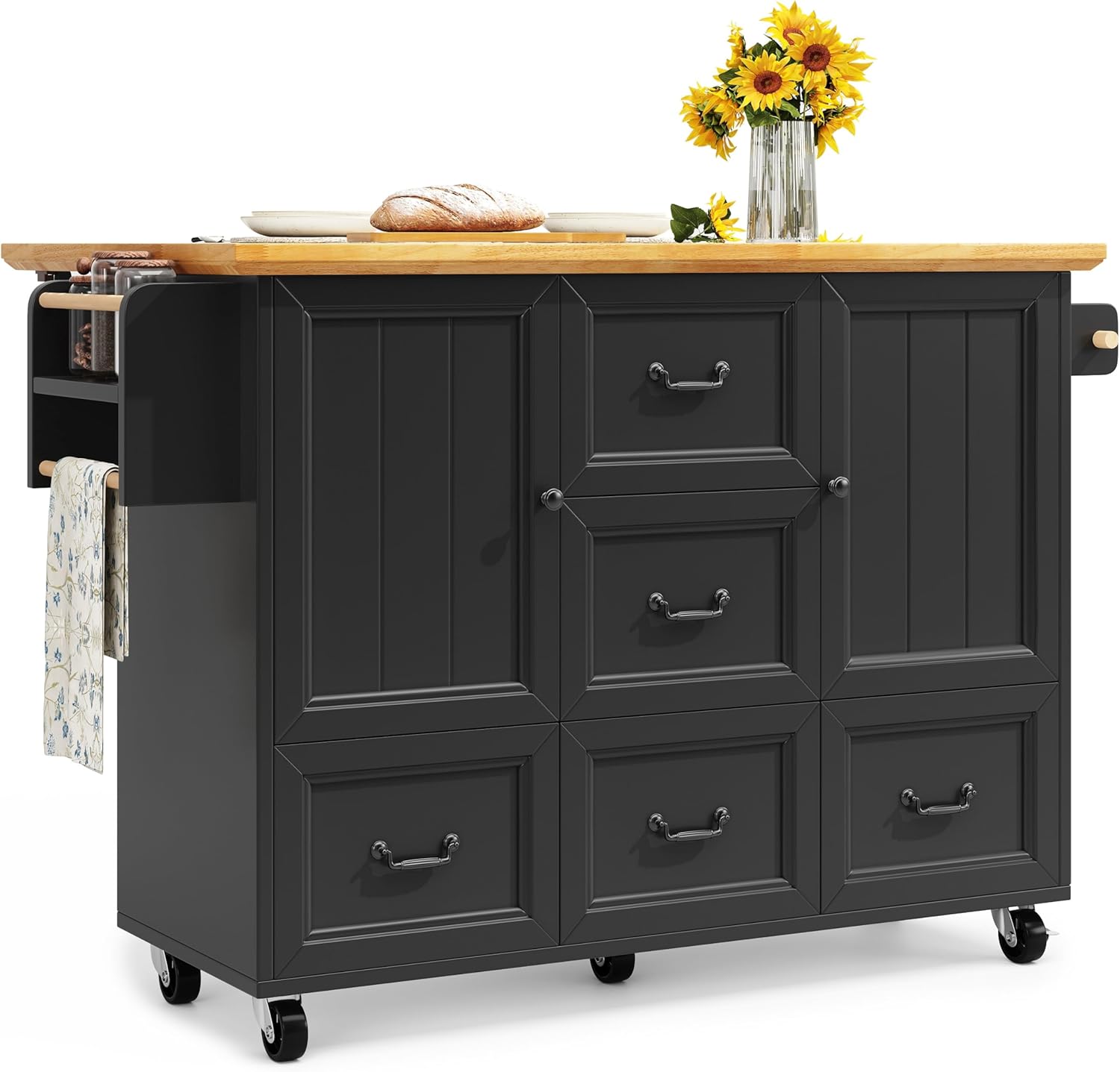 Kücheninsel, Schrank, Sideboard, Ausziehbarer Küchenwagen auf Rollen mit Handtuchhalter und Gewürzregal, verstellbare Einlegeböden, Schwarz
