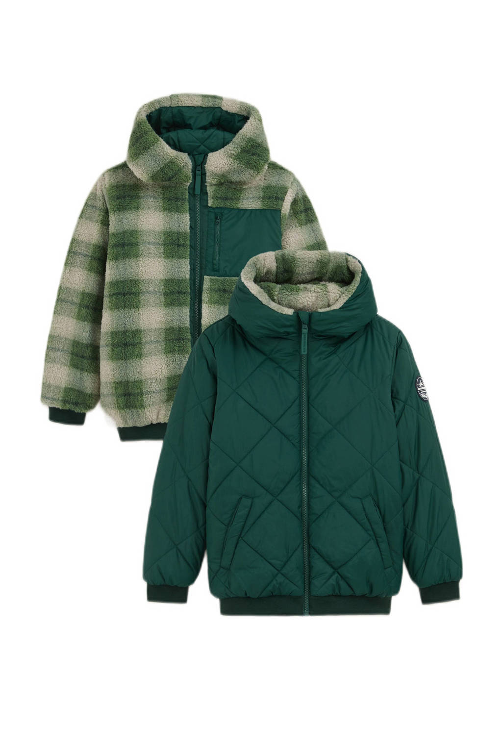 WE Fashion geruite gewatteerde winterjas donkergroen/ecru