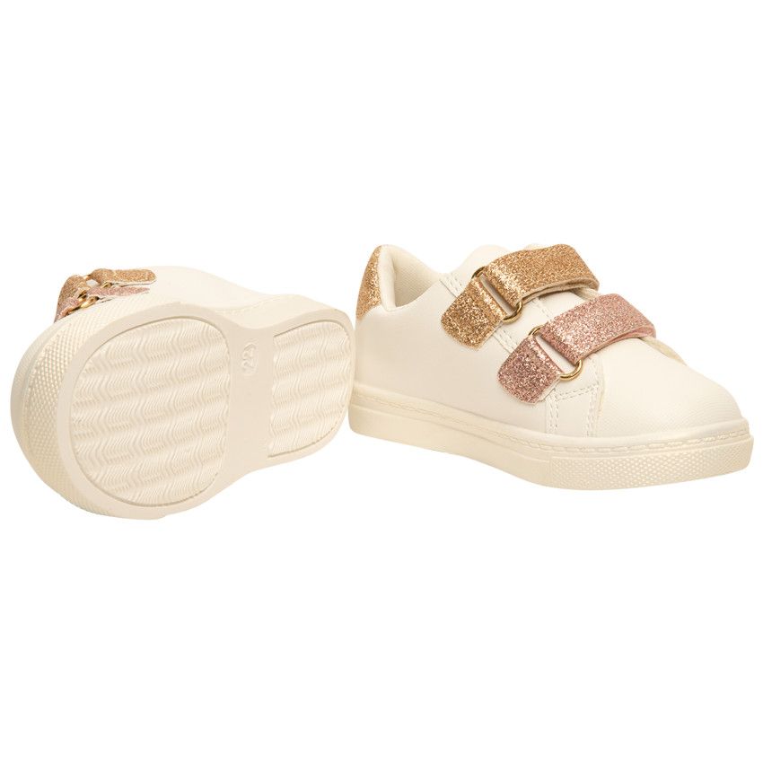 Baskets basses avec détails à paillettes et double velcro pour bébé fille - Blanc