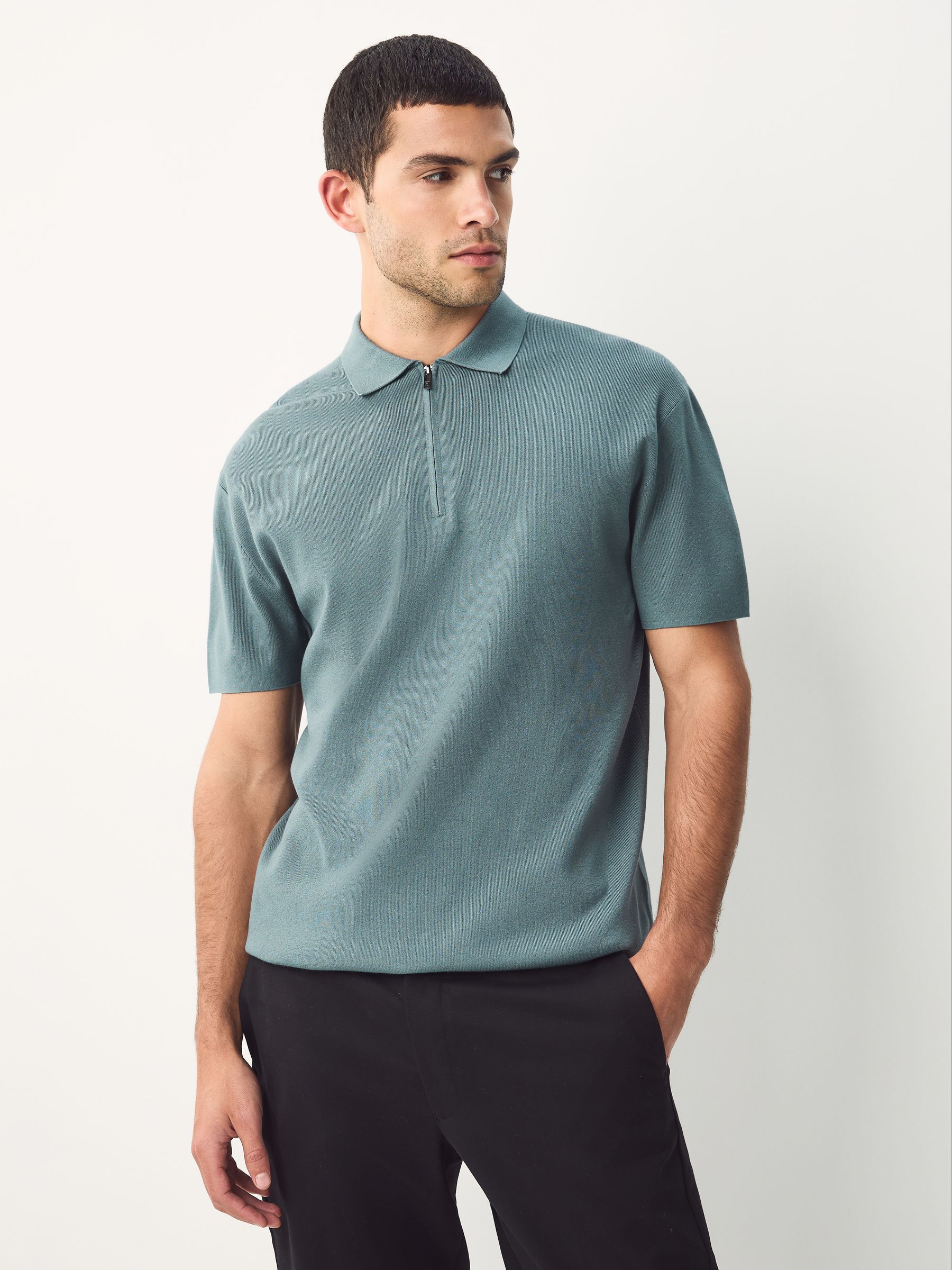 Blauw - Relaxed Fit Premium middelzwaar gebreid poloshirt met korte mouwen