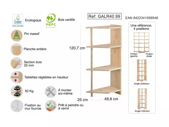 Etagère d'angle en pin brut Gala 4 tablettes