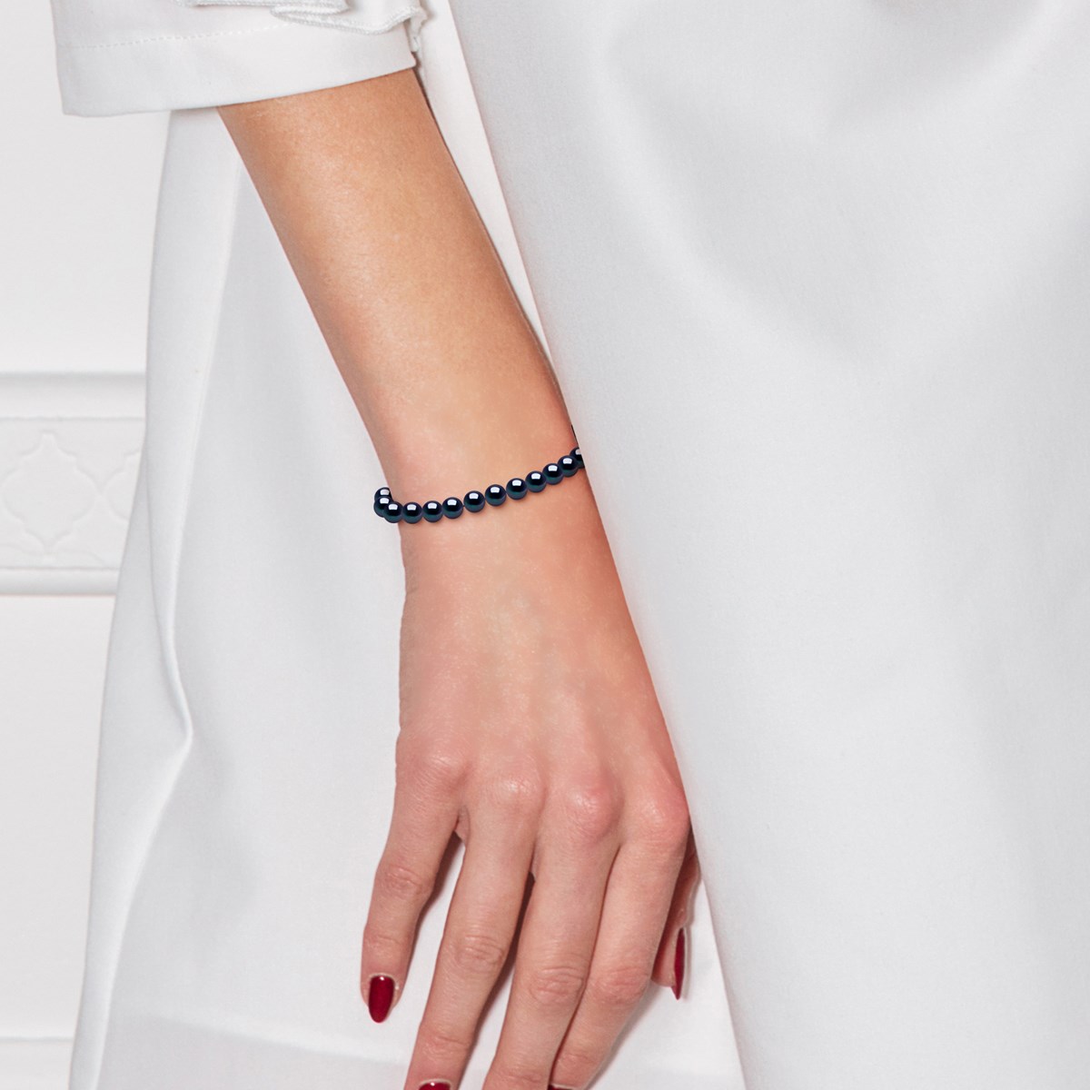 Bracelet Perles de Culture d'Eau Douce 5-6 mm Noires Fermoir Prestige Or Blanc