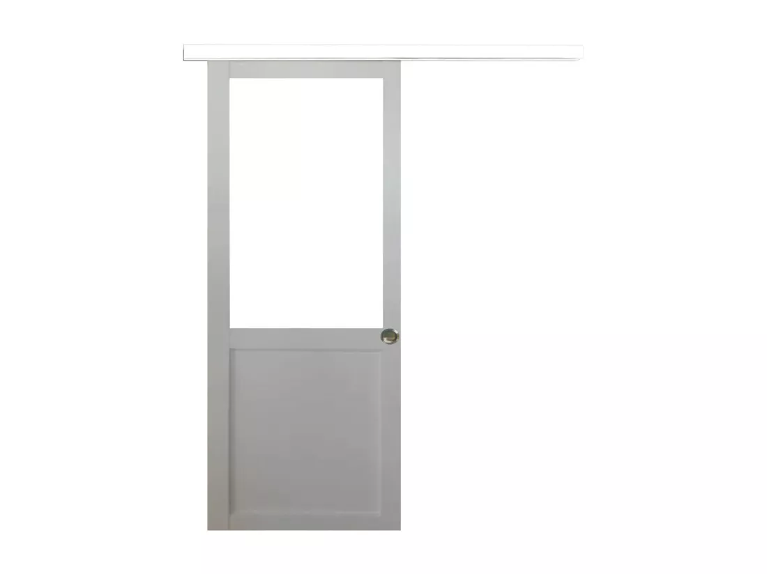 Porte Coulissante Atelier Blanc H204 X L83 Sans Meneau + Rail Alu Bandeau Blanc Et 2 Coquilles Gd Menuiseries