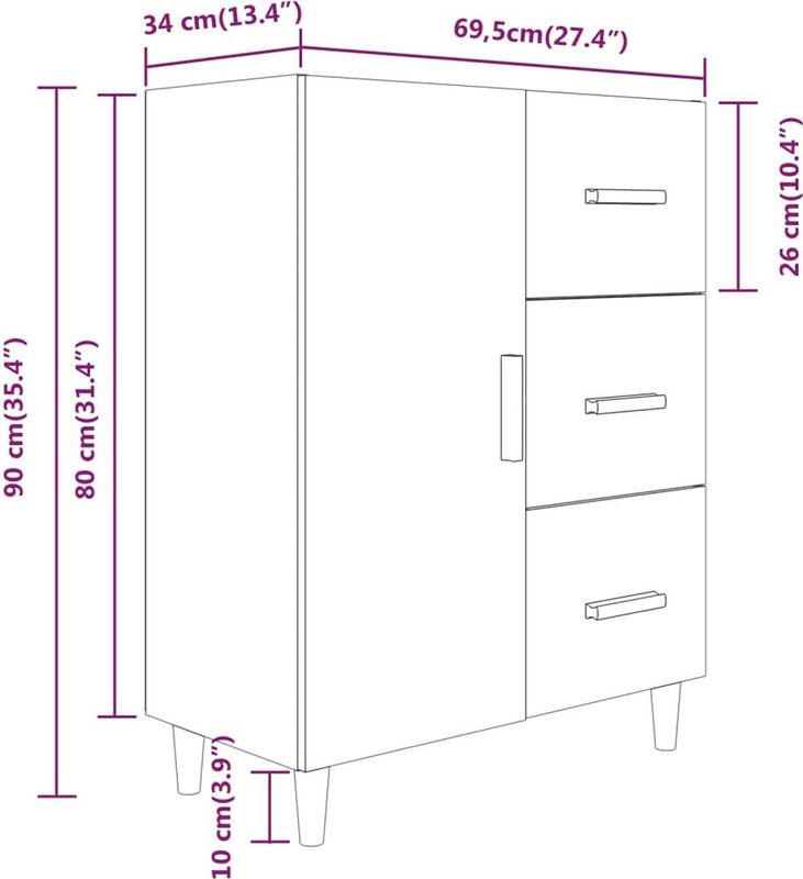 vidaXL - Dressoir - Wit - Bewerkt Hout - 3 Lades