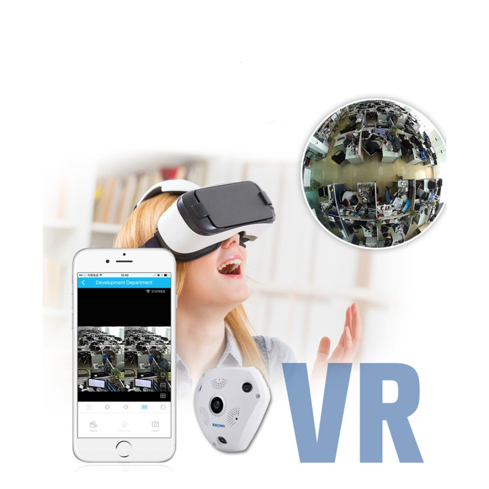 1.3MP VR Panorama WiFi IP Kamera FullHD 360° Fisheye Infrarot LED's Nachtsichtfunktion / Micro SD für iOS/Android - Weiss