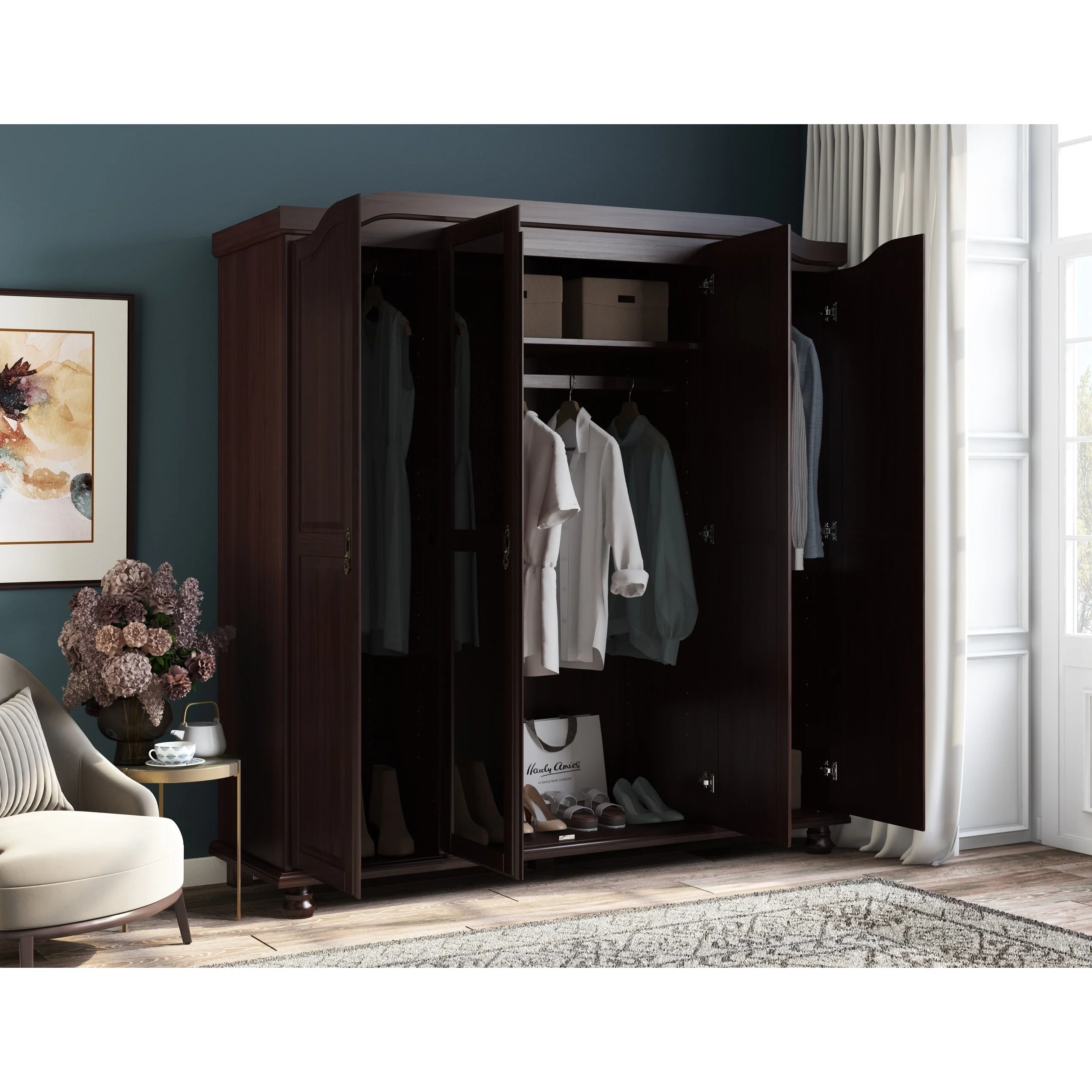 Palace Imports 100% Solid Wood Kyle 4-Door Wardrobe Armoire with Solid Wood or Mirrored Doors