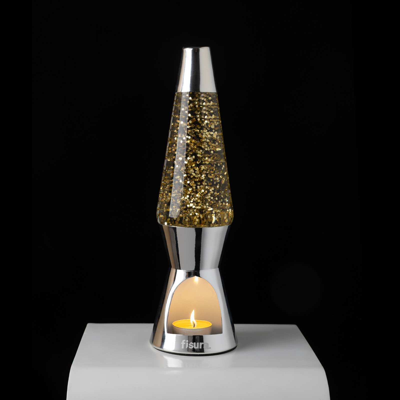 (29cm) T-LIGHT Lava Lampe Kerzen Tischlampe Glitzer Deko Stimmungsleuchte inkl. Teelichter (FI0791) - Gold
