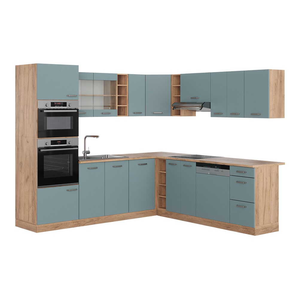 Vicco Eckküche R-Line Solid Eiche Blau Grau 247x237 cm modern Küchenschränke Küchenmöbel