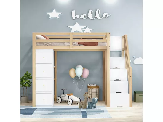 Lit mezzanine enfant 90x200 avec tiroir de rangement Commode avec étagères échelle à grimper de sécurité Couleur Bois