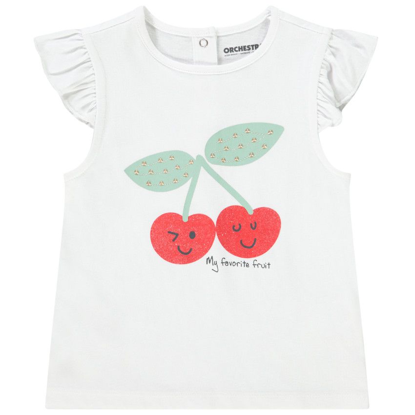 T-shirt manches courtes volantées en jersey avec print pour bébé fille - Blanc