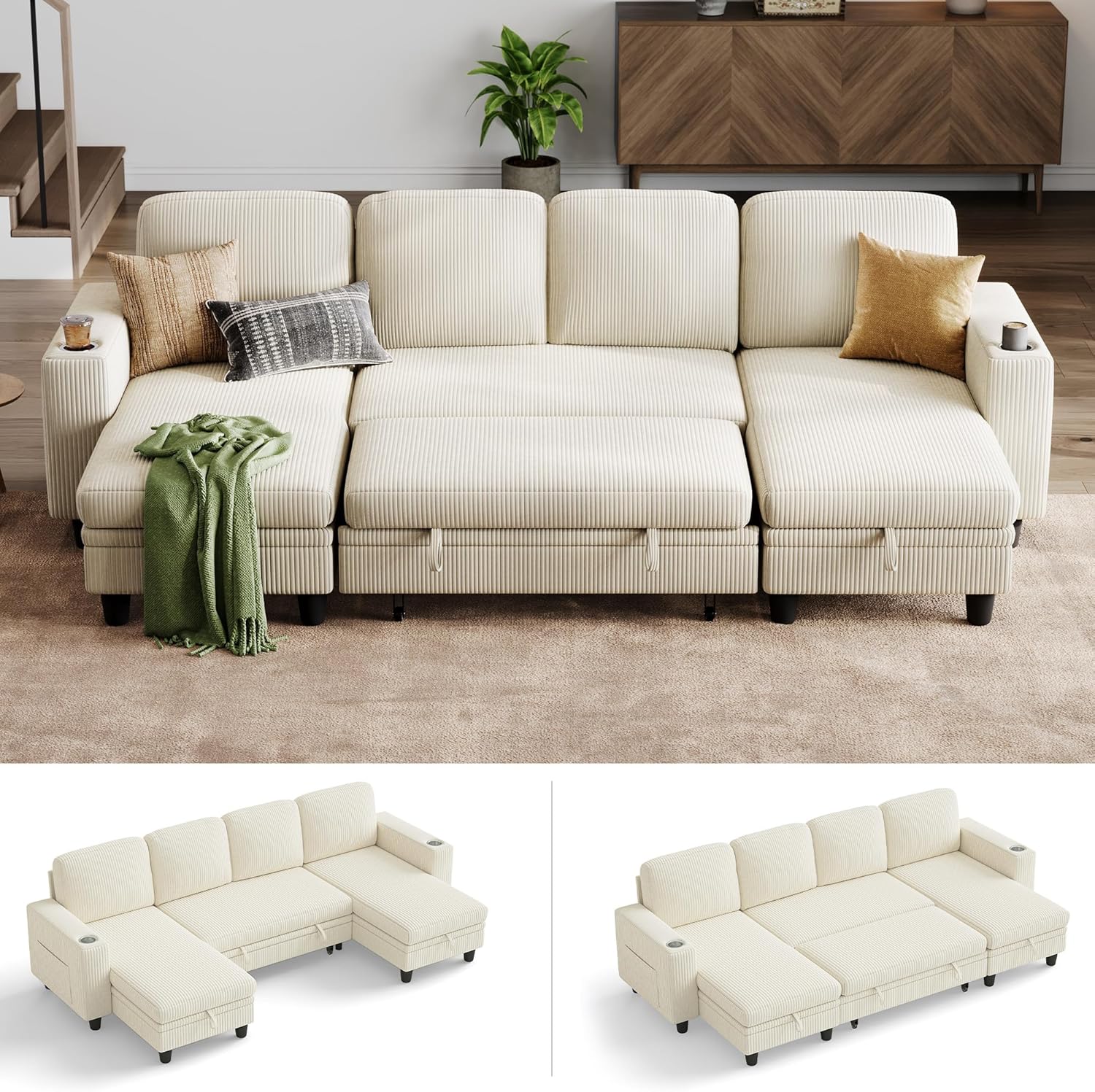 LINSY HOME Schlafsofa Ausziehbarer Couch, Ecksofa mit Schlaffunktion, Stauraum, Cord-Bezug U-Form Modulare Sofas mit Chaiselongue für Wohnzimmer und Wohnungen (Beige, U-Form)