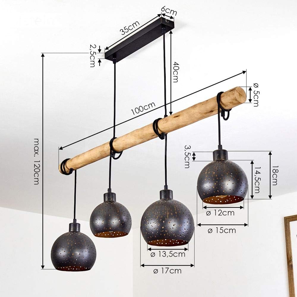 HOFSTEIN Pendelleuchte Imana 4-flammige Deckenlampe aus Metall in schwarz und kupferfarben, Vintage Look, Pendellampe mit Holz in Natur für Esszimmer, Küche, 4 x E27, höhenverstellbar bis max. 120cm