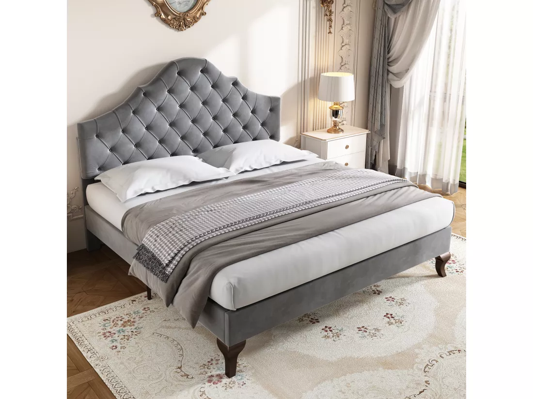 Lit avec tête de lit réglable pour adulte - 140 x 200 cm - velours - style scandinave - gris