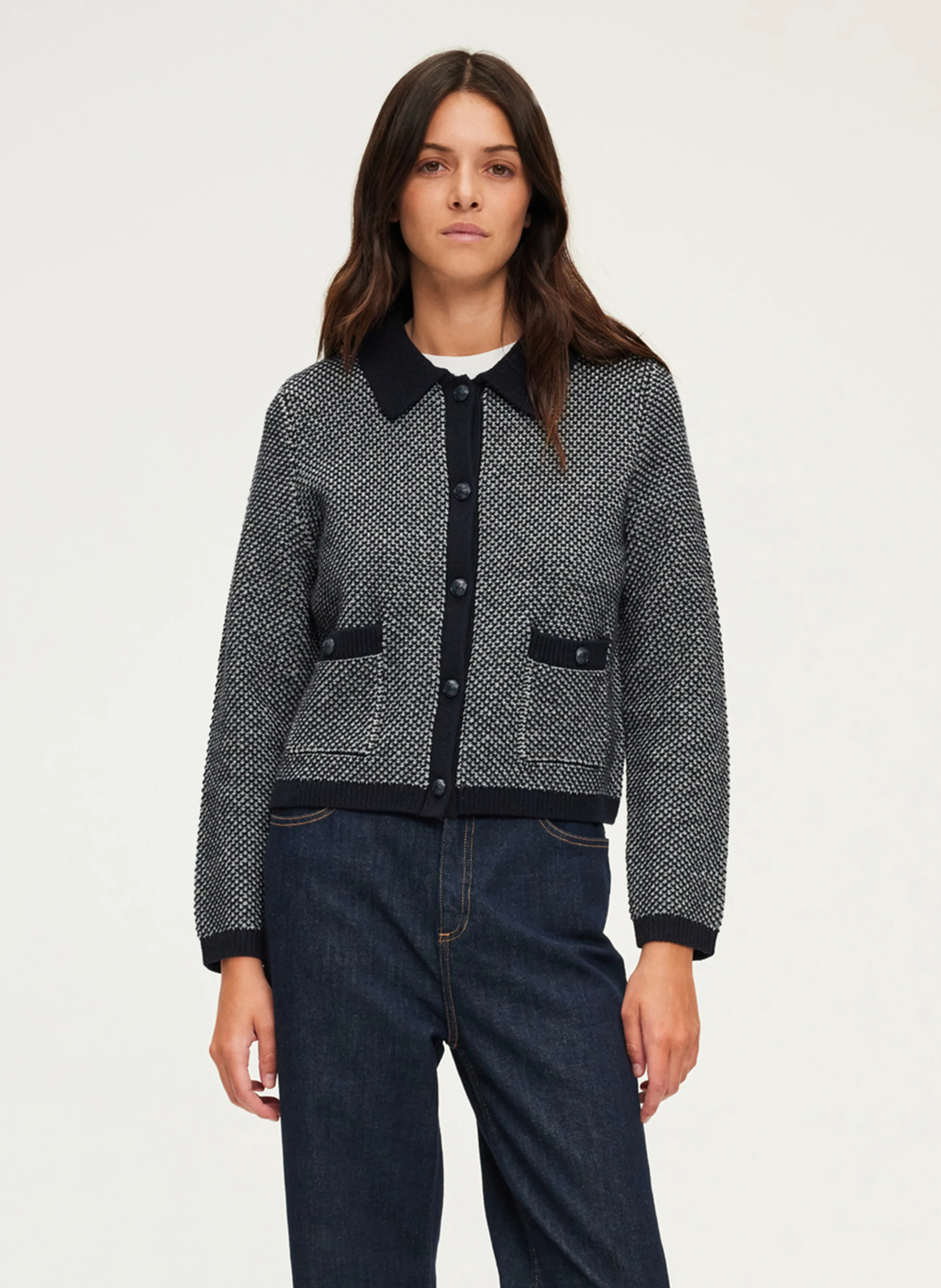 JAN - Cardigan droit col classique en laine mélangée | Bleu