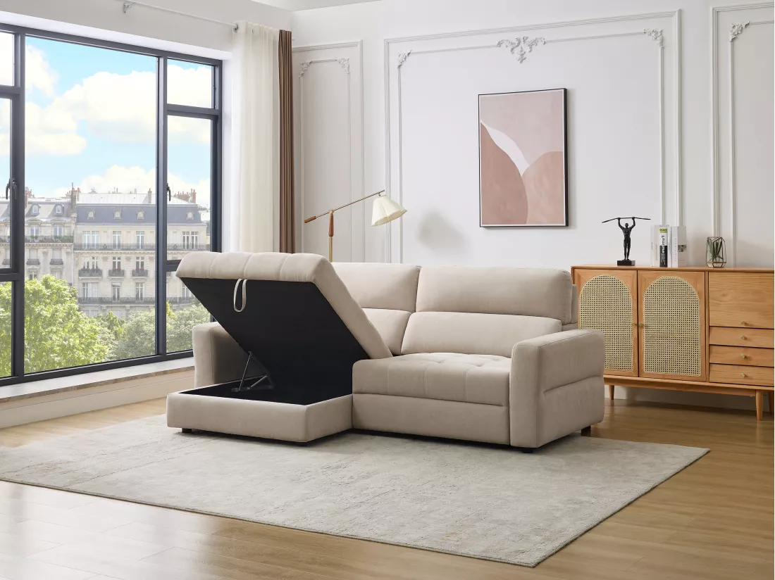 Canapé d'angle gauche relax électrique avec assise coulissante en tissu beige OLMERIO
