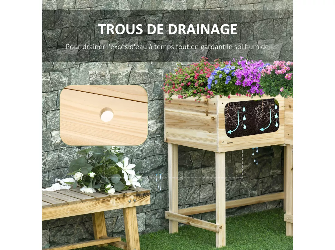 Jardinière sur pieds potager d'angle dim. 121L x 91l x 81H cm inserts d'irrigation + feutre de drainage inclus bois sapin pré-huilé